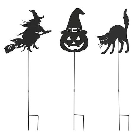 "Find Glitzhome® 36\" Halloween Metal Silhouette Yard Stake Or Hanging Décor Set at Michaels. com. Metal Halloween silhouette witch, cat and Jack-O-lantern stake are just too cute to leave. Metal Halloween silhouette witch, cat and Jack-O-lantern stake are just too cute. They add the perfect touch of fun. The witch is riding on a broomstick, the classic black cat and Jack-O-lantern are all great decoration in your courtyard. Details: Black 14.25\" x 0.25\" x 36\" 0.55 lb. Set of 3 Made of 100% I Witches Yard Decorations, Halloween Yard Art, Halloween Silhouette, Witch Silhouette, Halloween Figures, Jack O'lantern, Halloween Silhouettes, Halloween Yard Decorations, Witch Cat