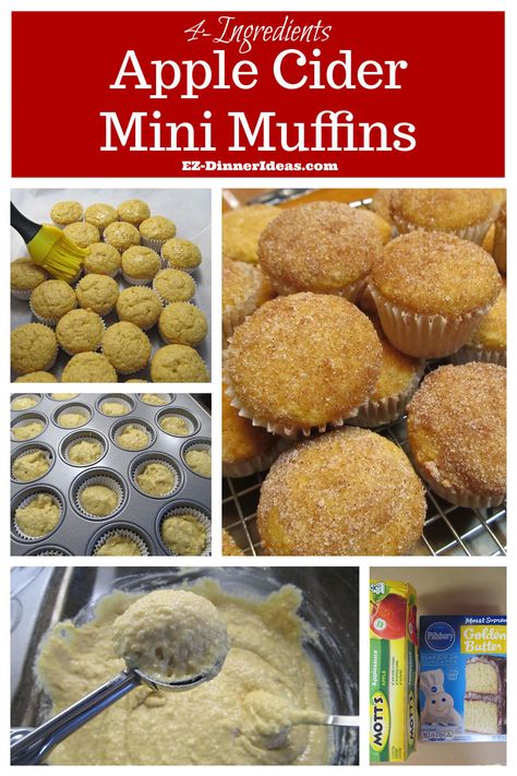 Cake Mix Muffin Recipe | 4-Ingredient Apple Cider Mini Muffins Cake Mix Cinnamon Muffins, Mini Muffins From Cake Mix Recipes, Apple Cider Mini Muffins, Cake Mix Mini Muffins, Mini Apple Muffins, Apple Cider Muffins, Mini Muffin Recipe, Cake Mix Muffins, Recipes Using Cake Mix