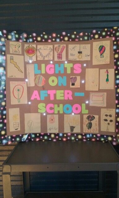 Light's on afterschool #diyboard #lightsonafterschool #afterschoolactivities After School Program Craft Ideas, After School Clubs Ideas, After School Program Bulletin Boards, Bulletin Board Ideas For After School Program, Lights On After School Poster, Lights On After School Ideas, Lights On Afterschool Activities, After School Program Activity Ideas, After School Club Ideas