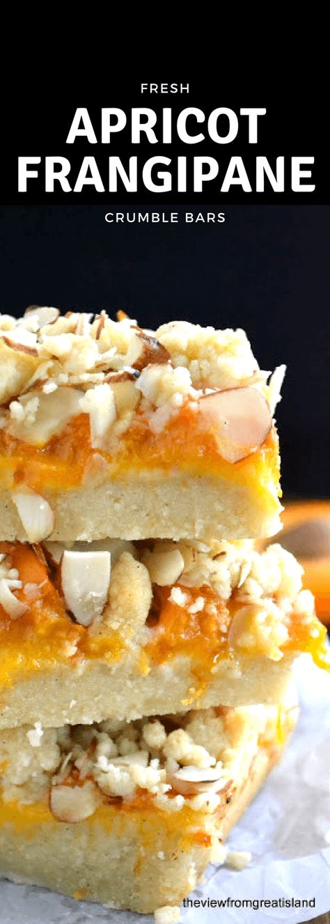 Apricot Frangipane Crumble Bars ~ these bars are easy to put together, and the flavor combination of apricot and almonds is intoxicating! They are a beautiful way to use fresh, summer apricots. #apricot #summer #crumblebars #bars #dessert #frangipane #almondpaste #almonds #shortbread Apricot Frangipane, Apricot Bars, Apricot Preserves, The View From Great Island, Sweet Bakes, Apricot Recipes, Homemade Goodies, Shortbread Bars, Crumble Bars