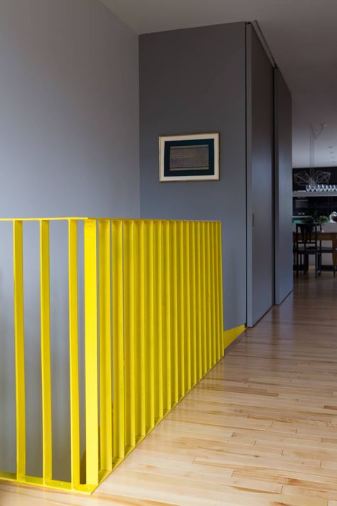 A Classic Meets Eclectic Montréal Home: gallery image 13 Yellow Stairs, Loft Railing, Stair Banister, Movable Walls, Seaside House, Happy Yellow, Metal Stairs, The Staircase, Interior Stairs