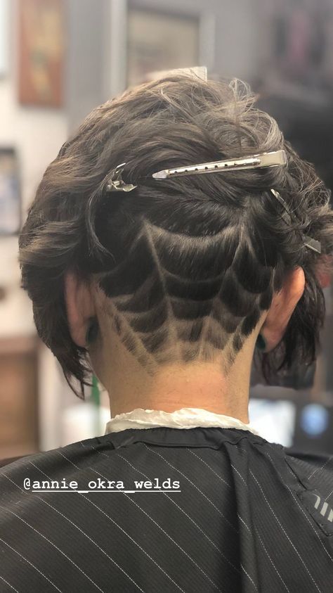 Spiderweb Undercut Designs, Spider Web Undercut Design, Spiderweb Side Shave, Spider Undercut, Spider Hair Design, Hairstyles For Short Hair With Undercut, Halloween Haircut Designs, Halloween Hair Short, Spider Web Undercut