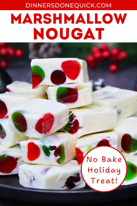 Get ready for the holidays with this festive Marshmallow Gumdrop Nougat recipe! Made with soft marshmallows and colorful gumdrops, this chewy, creamy nougat is a fun and easy no-bake dessert perfect for Christmas parties, holiday gift-giving, or adding to your festive dessert platter. With just a few simple ingredients, you can create this nostalgic treat in no time! Click to get the recipe and make your holidays extra sweet! #MarshmallowNougat #HolidayTreats #NoBakeDessert #ChristmasCandy Gumdrop Nougat Recipe, Easy Christmas Gumdrop Nougat Candy, Desserts Made With Marshmallows, Marshmallow Nougat Recipe, Marshmallow Fluff Recipes Easy, Brachs Jelly Nougat Recipe, What To Make With Marshmallow Fluff, Marshmellow Recipes Easy, Vanilla Nougat Recipe