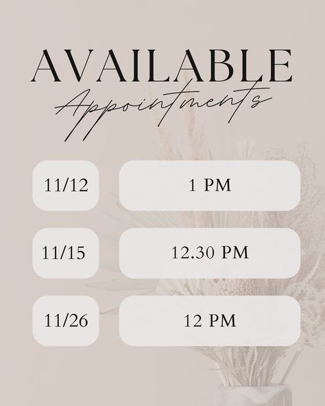 November & December Calendar (📸 Screenshot) Will be out of town 11/19-11/23. End of the year Appointments are booking up quickly! Please pre book appointment or join waitlist. Some of these appointments are not available online you may have call salon. Returning clients please Dm for booking.New clients please call salon it is the fastest booking method as i can not receive your personal info. For booking through dm. See you soon!!! Availability For Appointments, Hair Appointments Available, Appointment Template, Available Appointments, December Calendar, Book Appointment, Appointments Available, Hair Appointment, New Clients