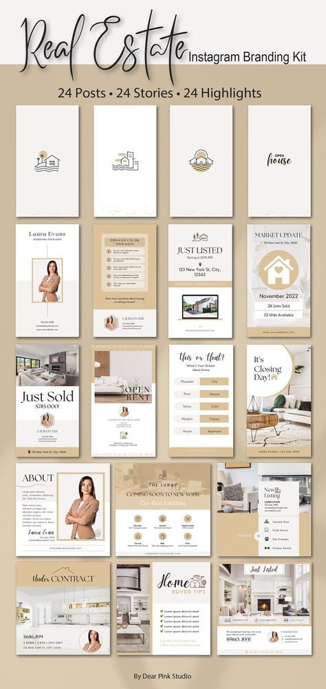 Instagram branding kit for female real estate agents to help them create a professional and consistent online presence. Includes custom logo, branded templates, and social media #Real_Estate_Agent_Outfits #Real_Estate_Marketing_Gifts #Canva_Real_Estate #Real_Estate_Agent_Branding Real Estate Agent Outfits, Real Estate Marketing Gifts, Canva Real Estate, Real Estate Agent Branding, Real Estate Business Plan, Real Estate Contract, Inmobiliaria Ideas, First Instagram Post, Real Estate Instagram