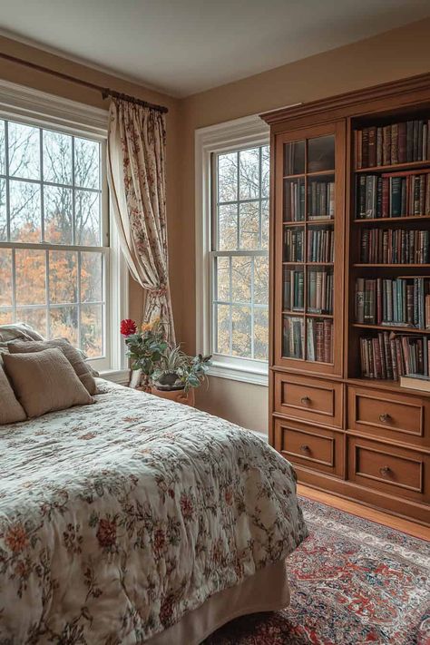 Bedroom Library Book Aesthetic Bedroom, Bookcase In Bedroom, Bedroom Library Ideas, Cottage Exterior Ideas, Small Home Library Ideas, Retro Bedroom Ideas, Internal Decoration, Small Home Library, Bedroom Library