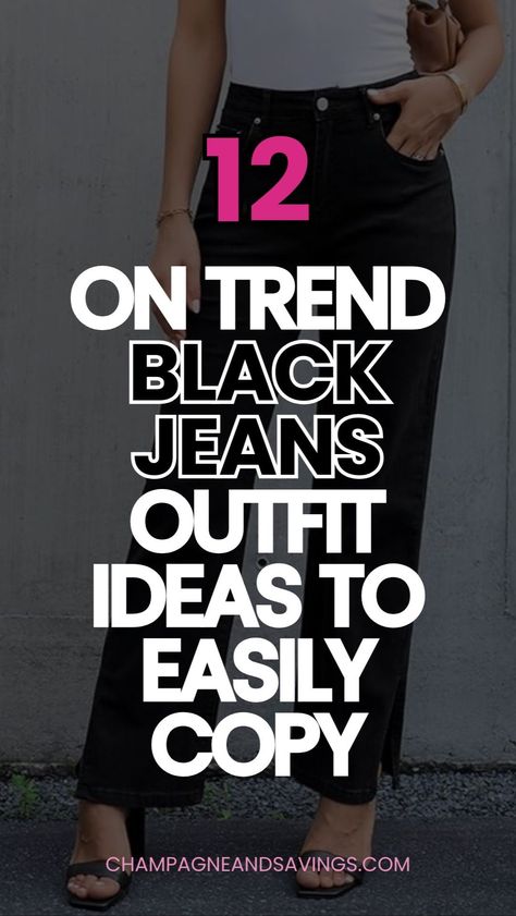 Looking for versatile ways to wear black jeans? Dive into these women's fashion outfit ideas featuring timeless women's jeans styles. Pair with trendy women's bottoms staples to create comfortable and polished looks for any occasion. Perfect for modern wardrobes. How To Style Black Leather Jeans, Black Jeans Bar Outfits, Black Highwaist Jean Outfits, Casual Dressy Jeans Outfit, Black Jeans And Chambray Shirt Outfit, Black Jeans Brown Sweater Outfit, How To Style Black Jeans Summer, Simple Black Jeans Outfit, Black Wide Legged Jeans Outfit