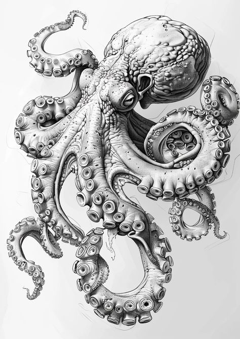 Octopus Tattoos Drawing, Octopus Art Reference, Octopus Holding Something, Kraken Back Tattoo, Octopus Tattoo Sketch, Cool Octopus Drawing, Jellyfish Tattoo Sketch, Octopus Pencil Drawing, Octopus Pen Drawing