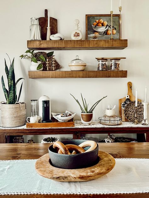 Floating Shelves With Plants Dining Room, Floating Shelves In Dining Room Wood, Floating Wood Shelves Dining Room, Floating Shelves In Dining Room Rustic, Floating Shelves Dining Room Wall Boho, Dining Room Shelves Decor, Dining Room Shelf Decor, Dining Room Floating Shelves, Kitchen Appliance Set