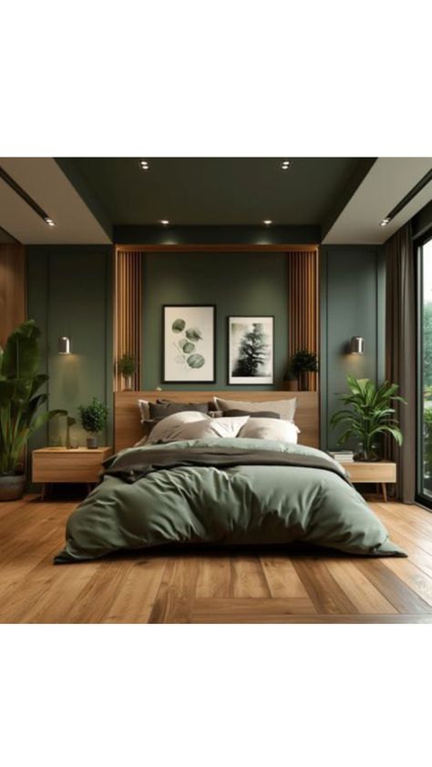 Evergreen Bedroom Ideas, Serene Master Bedrooms Decor, Accent Wall Bedroom Wood, Green Accent Wall Bedroom Ideas, Luxury Green Bedroom, Green Wood Bedroom, Calming Bedroom Ideas Inspiration, Evergreen Bedroom, Green And Wood Bedroom