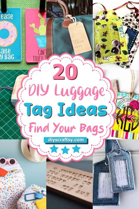 DIY Luggage Tag Ideas Diy Luggage Tags Easy No Sew, Luggage Labels Diy, Homemade Luggage Tags, Suitcase Identifier Diy, Suitcase Tags Ideas, Sew Luggage Tag Free Pattern, Cricut Suitcase Ideas, Creative Luggage Tags, Acrylic Luggage Tags Diy