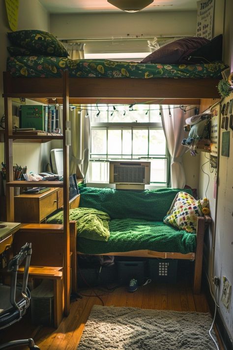 Single Dorm Room Aesthetic, Dorm Seating Ideas, Whimsigoth Dorm Room, Dark Green Dorm Room, How To Make Room Cozy, Dorm Room Ideas Dark, 70s Dorm Room, Bunk Bed Dorm Room Ideas, Cozy Dorm Room Aesthetic