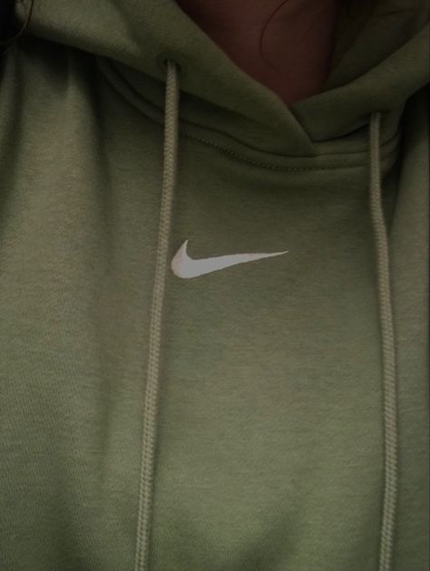 Green Nike tick. Hoodie. Hoodie strings Sage Green Nike Hoodie, Nike Hoodie Aesthetic, Sage Green Sweatshirt, Green Hoodie Outfit, Hoodie Outfit Aesthetic, Green Nike Hoodie, Nike Hoodies, Green Collage, Hoodie Aesthetic