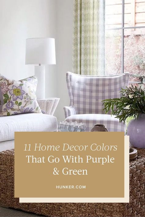 Here are 11 great color pairings to consider with purple and green. #hunkerhome #homedecor #homedecorideas #homedecorinspo Lilac Home Decor, Sage Green And Purple Bedroom, Green And Purple Living Room, Lavender And Green Bedroom, Purple And Green Room, Pale Yellow Bedrooms, Purple And Green Bedroom, Green Sunroom, Green And Purple Bedroom