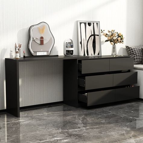 Makeup Desk Rotating Dresser and Desk 6 Drawer Dresser Vanity Makeup - Bed Bath & Beyond - 36484620 Dresser And Desk Combo, Desk Dresser Combo, Dresser And Desk, Dresser Makeup, Modern Vanity Table, Malm Dresser, Black Dressers, Dresser Desk, Dresser Vanity