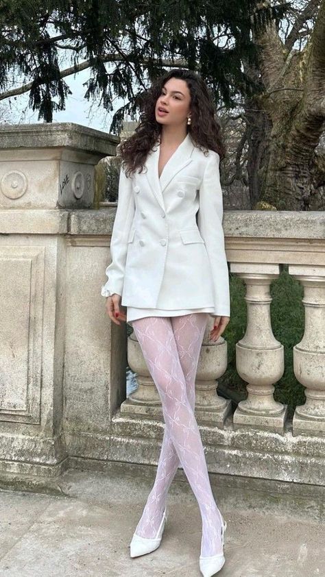 White Stocking Outfits, White Sheer Tights Outfit, White Dress With Tights Outfit, White Stockings Outfit Tights, White Dress And Tights, Outfit With White Tights, White Stockings Outfit Aesthetic, Fancy Suits For Women Fashion, White Pantyhose Outfit