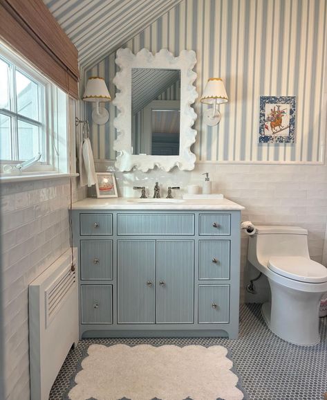 Coastal Blue Bathroom, Playroom Ceiling, Blue Bathroom Design, Blue Bathrooms Designs, Outdoor Living Kitchen, Bathroom Accent Wall, Bathroom Transformation, Bathroom Accents, Coastal Bathrooms