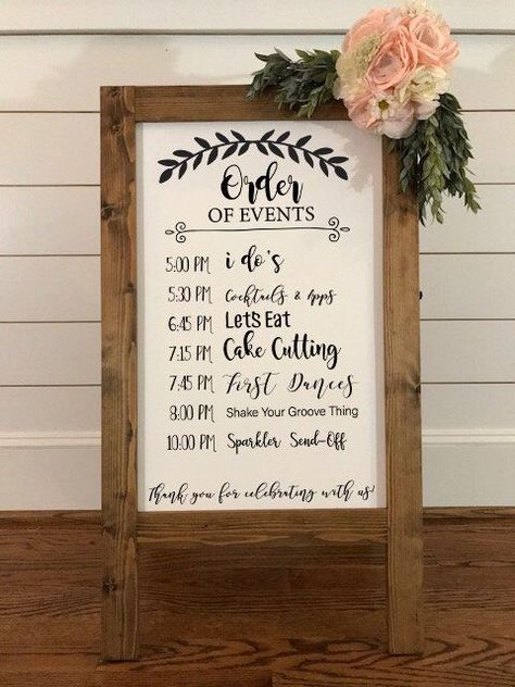 Order of Events Wedding Sign, Wedding Order Of Events Wedding Sign, Order Of Events Wedding, Wedding Easel, Anemone Bouquet, Order Of Events, Romantic Rustic Wedding, Sparkler Send Off, Mirror Ideas, Chalkboard Wedding