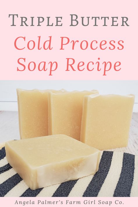 Looking for a cold process soap recipe with shea butter? This triple butter cold process soap recipe contains loads of it, plus rich cocoa butter and mango butter too. This highly moisturizing soap recipe creates a hard bar with lots of bubbly, creamy lather. Naturally scented with essential oil, this recipe produces a luxurious, premium bar. Ready to learn how to make this cold process soap recipe with shea butter? Pin to save then click over for the triple butter cold process soap recipe. Cold Pressed Soap Recipes, Cold Press Soap Recipes, Shea Butter Soap Recipe, Shea Butter Moisturizer, Cold Pressed Soap, Cocoa Butter Soap, Easy Soap Recipes, Diy Soap Recipe, Cold Process Soap Recipes