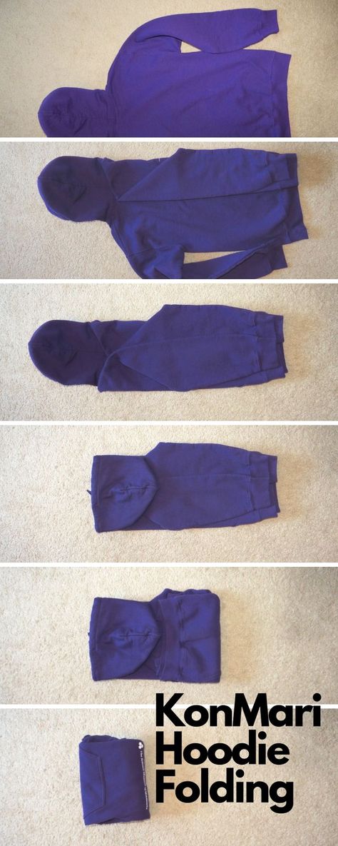 The KonMari Folding Method with a hoodie. #konmari #organization #konmarifolding #konmarifoldingmethod Best Way To Fold A Hoodie, Folding Clothes Hoodie, How To Pack Hoodies, Hoodies Organization Closet, Folding Clothes To Save Space Hoodies, Hoodie Folding Hacks, Hoodie Organization, Hoodie Organization Ideas, Hoodie Storage Ideas