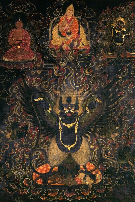 a thanka painting of black Garuda with other deities Dragon Palace, Enlightenment Art, Tibetan Mantra, Tibet Art, Thangka Art, Labyrinth Design, Buddhist Art Drawing, Gautama Buddha, Thangka Painting