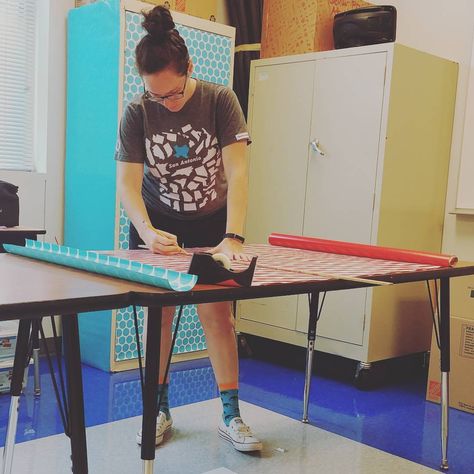 Random talent- covering cabinets in paper to make them look less industrial. #herecomes2021 #letsgo #year5 #classroomdecor… Teacher Desk Decorations, Teacher Desk Areas, Teacher Desk Organization, Flexible Seating Classroom, Teacher Table, Desk Cover, Classroom Tables, 5th Grade Classroom, Teacher Desk