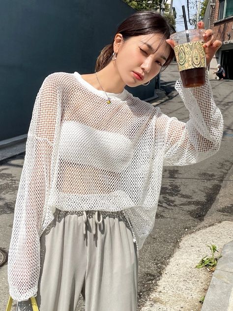 DAZY Hollow Out Drop Shoulder Top Without Bra | SHEIN USA Bra Top Outfit, Super Cropped Sweater, Vintage Photo Editing, Top Summer Outfits, 90s Runway Fashion, Korean Outfit Street Styles, Drop Shoulder Top, Without Bra, Sewing Projects Clothes