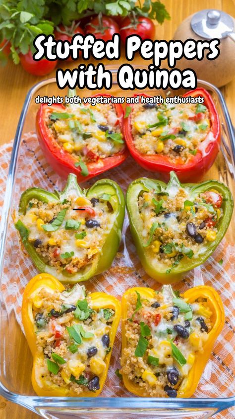 Savor the goodness of healthy Stuffed Peppers filled with protein-rich quinoa, fresh vegetables, and spices—perfect for a balanced meal full of flavor. Meatless Stuffed Peppers Recipe, Stuffed Peppers With Quinoa, Healthy Stuffed Peppers, Vegetarian Stuffed Peppers, Quinoa Stuffed Peppers, A Balanced Meal, Stuffed Peppers Healthy, Bell Pepper Recipes, Quinoa Healthy