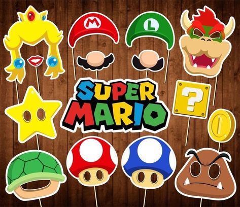 Super Mario Photo Booth, Mario Photo Booth, Photo Booth Props Free, Mario Brothers Birthday Party, Princess Peach Party, Mario Crafts, Nintendo Party, Super Mario Bros Birthday Party, Mario E Luigi