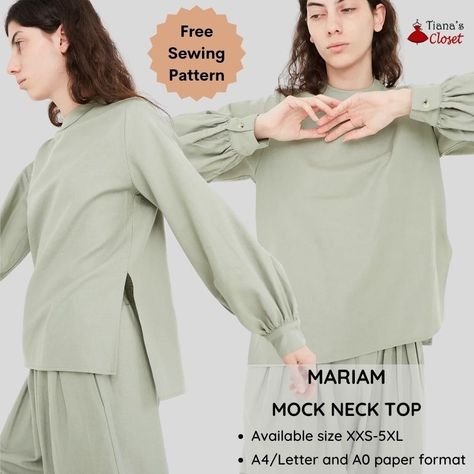 Mariam mock neck hi low top – Free PDF sewing pattern – Tiana's Closet Mock Neck Shirt Pattern, Long Sleeve Top Sewing Pattern Free, Paper To Print, Clothing Pattern Design, Free Pattern Download, Save The Earth, Upcycle Sewing, Free Pdf Sewing Patterns, Dress Making Patterns