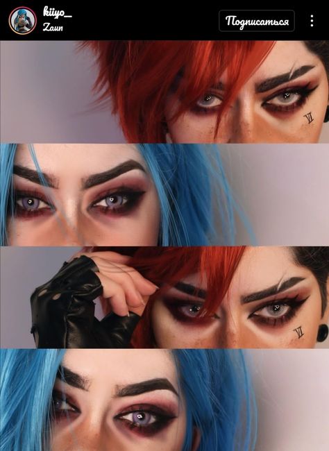 Jinx Arcane Cosplay Makeup, Vi Makeup Arcane, Vi Arcane Makeup, Jinx Cosplay Makeup, Jinx Inspired Makeup, Jinx Halloween Costume, Jinx Makeup Arcane, Jinx Makeup Tutorial, Arcane Makeup Looks