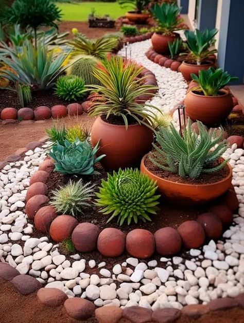 Fence Border Landscaping, Succulent Landscape Design, Patio Flowers, Small Front Yard Landscaping, Front Garden Landscape, Rock Garden Design, Front Yard Garden Design, Garden Decor Projects, Rock Garden Landscaping