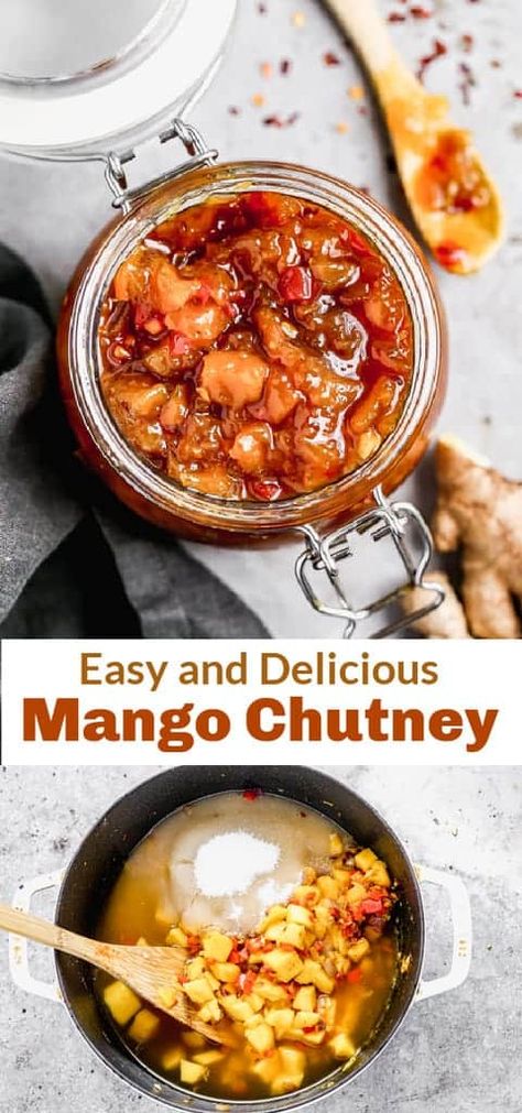 This Mango Chutney recipe is packed with flavor from fresh mangos, onion, bell pepper and spices. Enjoy it over chicken, pork or lamb, as a dip or marinade, with sweet or savory dishes, or with a side of Naan. via @betrfromscratch Vegan Spreads, Mango Chutney Recipe, Pesto Hummus, Mango Chutney, Chutney Recipe, Savory Dishes, Mango Recipes, Chutney Recipes, Homemade Sauce