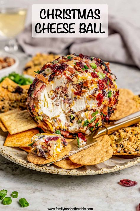 Cheese Ball With Dried Cranberries, Bacon Cranberry Cheese Ball, Festive Christmas Cheese Ball, Green Onion Cheese Ball Recipes, Charcuterie Board With Cheese Ball, Cheese Ball For Christmas, Christmas Cheese Log, Grinch Cheese Ball, Cream Cheese Balls Recipe Appetizers