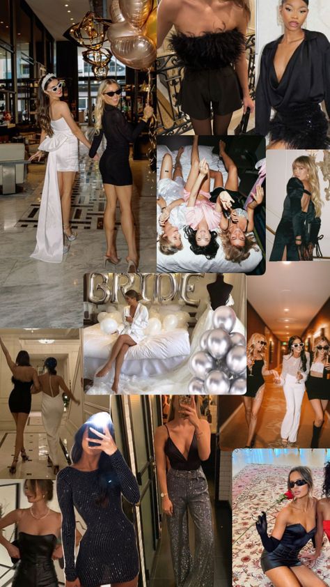 Black And White Bachelorette Aesthetic, Black Bachelorette Aesthetic, Black And White Hen Party Outfits, Unconventional Bachelorette Party Ideas, Boujee Hen Party, Chic Bachelorette Outfit, Luxe Bachelorette Party, Bach Mood Board, Black Tie Bachelorette Party