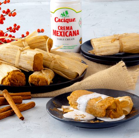 Pumpkin Pie Tamales with Pumpkin Pie Crema How To Cook Chorizo, Tamale Recipe, Queso Dip, Sweet Pumpkin, Mexican Recipes, Refried Beans, Fresh Cilantro, Pumpkin Puree, Simple Ingredient