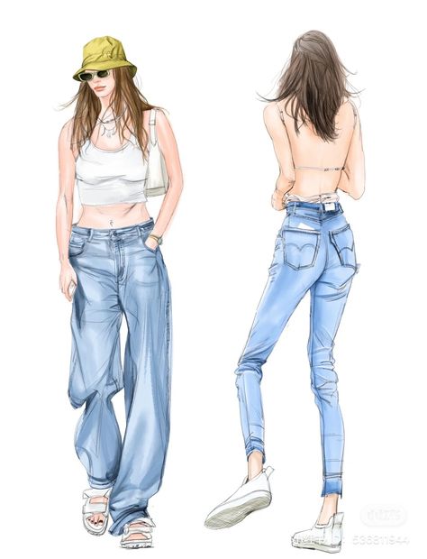 Denim Jeans Illustration, Jeans Sketch, Denim Drawing, Jeans Illustration, Jean Drawing, Bootcut Jeans Outfit, Fashion Illustration Portfolio, Silhouette Mode, Jeans Drawing