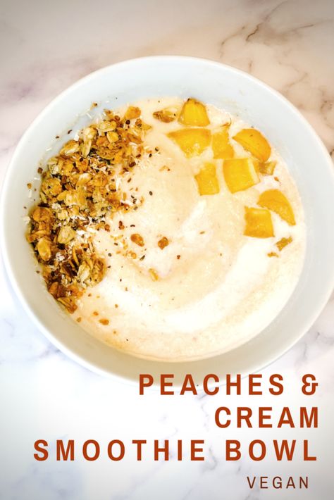 Vegan Peaches and Cream Smoothie Bowl! This is so creamy and decedent yet simple to make! Perfect for summer peaches and to beat the heat!  #summerrecipes #peaches #peachesandcream #veganrecipes #veganpeachesandcream #smoothiebowl #healthyrecipes #healthylunch #healthysnacks #fruitrecipes Peaches And Cream Smoothie Bowl, Smoothie Bowl Peach, Ninja Creami Smoothie Bowl Recipe, Peach Smoothie Bowl Recipe, Peaches And Cream Smoothie, Peach Smoothie Bowl, Smoothy Recipes, Smoothie Bowls Recipe Easy, Smoothie Bowl Vegan