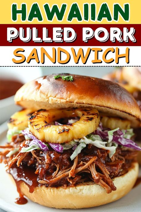 This Hawaiian pulled pork sandwich is downright incredible! Slow-cooked to perfection, the pork is juicy, tender, and delicious. Pulled Pork Sammies, Hawaiian Pulled Pork Sandwiches, Best Pulled Pork Sandwiches, Hawaiian Pulled Pork Crock Pot Recipes, Pulled Pork Sliders Hawaiian Rolls, Pulled Pork Meals, Pork Loin Sandwiches, Pulled Pork Sandwhich, Shredded Pork Sandwiches