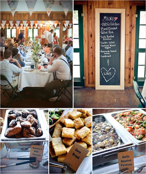 We were hoping for a farm or camping wedding.  This one has the laid-back feel we still would like to go for. Casual Engagement Party, Wedding Food Ideas, Glamping Weddings, Camping Wedding, Wedding Food Drink, Bbq Menu, Food Wedding, Barnyard Party, Reception Food