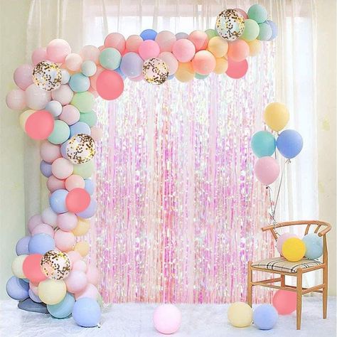 Pastel Balloon Garland, Foil Fringe Curtain, Balloons Arch, White Foil, Pastel Balloons, Mini Balloons, Rainbow Birthday Party, Rainbow Balloons, Arch Kit