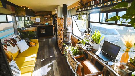 Boho Skoolie, Green Skoolie, Shuttle Bus Conversion, Tiny Mobile House, Self Sufficient Homestead, Bus Conversions, Tiny House Talk, Shuttle Bus, Bus House