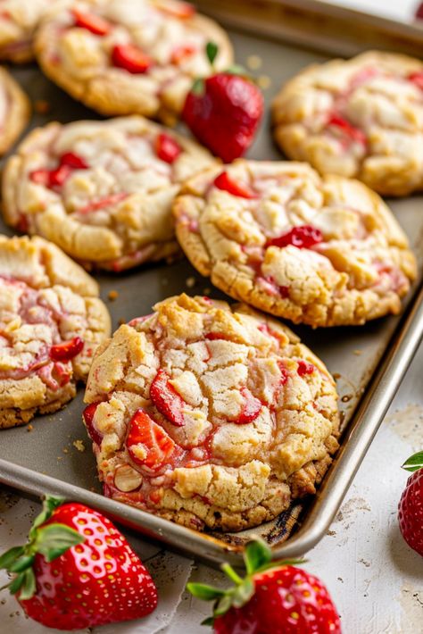 Easy Strawberry Cheesecake Cookies - Krystel's Cooking Strawberry Cupcake Crumbl Cookie, Strawberry Crumble Cookies, Strawberry Cheesecake Cookies Recipes, Strawberry Cookies Recipes, Strawberry Cheesecake Muffins, Strawberry Cheesecake Cookies, Easy Strawberry Cheesecake, Strawberry Sugar Cookies, Strawberry Shortcake Cookies