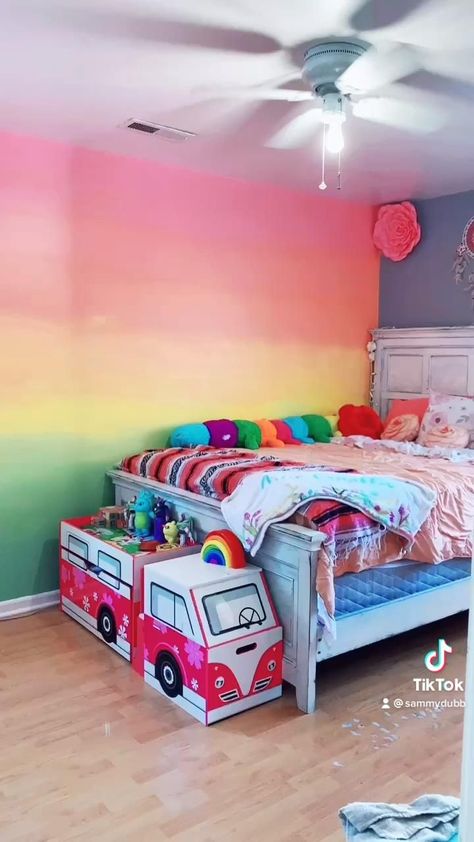 Sunset Accent Wall, Toddler Girl Bedroom Themes, Wall Bunk Beds, Ombré Wall, Wall Video, Sunset Room, Rainbow Girls Room, Girls Bedroom Themes, Toddler Bedroom Girl