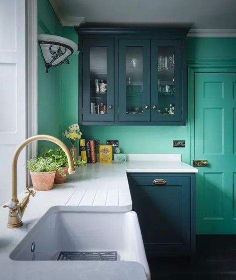 Farrow and Ball Arsenic 214 kitchen Regency Townhouse, Green Kitchen Paint, Bespoke Cabinetry, Farrow And Ball Kitchen, Farrow And Ball, Interior Paint Colors, Bespoke Kitchens, Sash Windows, Home Upgrades