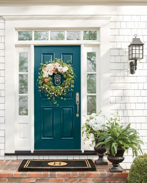 Bright Front Door Colors, Boho Front Porch, Bright Door, Front Door Design Ideas, Bright Front Doors, Teal Front Doors, Door Design Ideas, Spring Front Door, Blue Front Door