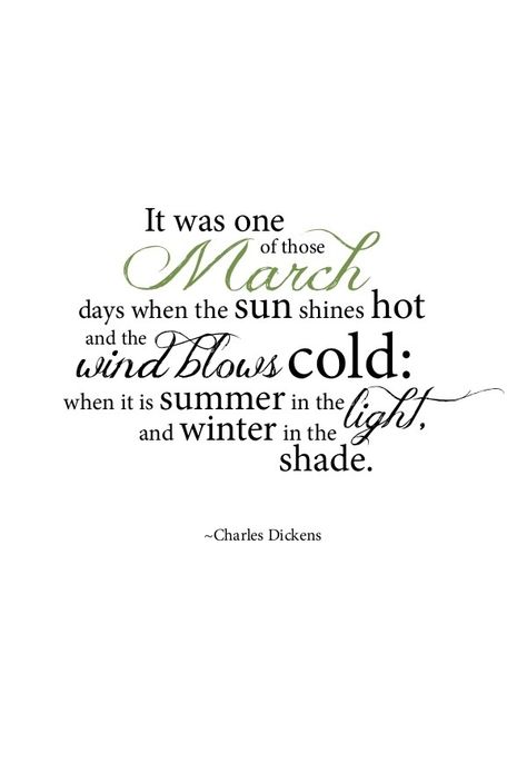 It was one of those March days when the sun shines hot and wind blows cold: when it is summer in the light and winter in the shade.  Charles Dickens March Quotes, Dear Lillie, Hello March, Foto Transfer, F Scott Fitzgerald, Cs Lewis, Charles Dickens, Oscar Wilde, The Shade