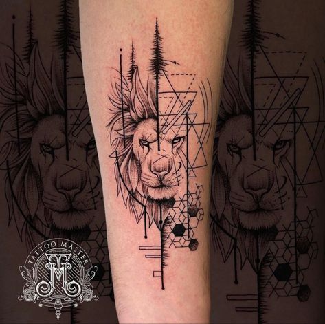 Lion Hand Tattoo For Women, Calf Tattoo Ideas, Lion Hand Tattoo, Calf Tattoo Men, Lion Forearm Tattoos, Leg Sleeve Tattoos, Quarter Sleeve Tattoos, Danish Men, Geometric Lion