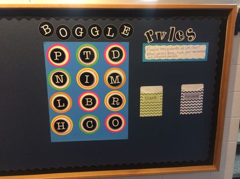 "Boggle" bulletin board. Laminated diecut letters, Velcro'd to the board for easy changing weekly! Wordle Bulletin Board, Boggle Bulletin Board, Stem Classroom Decor, Stem Bulletin Boards, Toddler Bulletin Boards, Genius Hour Projects, Welcome Bulletin Boards, Bulletin Ideas, Middle School Special Education