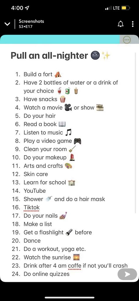 Things To Do When Pulling An All Nighter With Friends, What To Do When Pulling An All Nighter By Yourself, Sneaking Out Ideas, What To Do On An All Nighter By Yourself, All Nighter Routine, How To Pull An All Nighter, All Nighter Ideas, Fun Sleepover Activities, Teen Sleepover Ideas